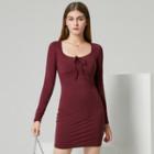 Eco-friendly Long-sleeve Ruched Lace-up Bodycon Mini Dress