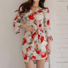 Bell-sleeve Floral Print Mini Wrap Dress