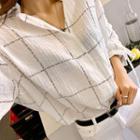 Drawstring-sleeve Letter Check Shirt White - One Size