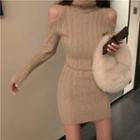 Mock-turtleneck Cold-shoulder Mini Ribbed Sweater Dress