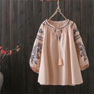 Tassel Embroidered Balloon-sleeve Blouse