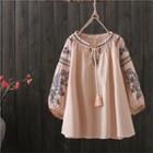 Tassel Embroidered Balloon-sleeve Blouse