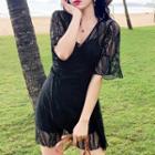 Elbow-sleeve V-neck Swim Dress