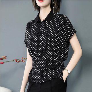 Short-sleeve Polka Dot Tie-waist Chiffon Shirt