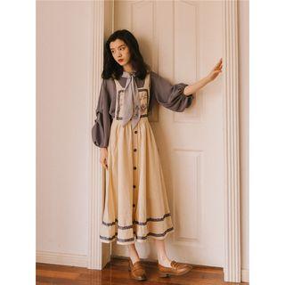 Set: Lantern-sleeve Blouse + Embroidered Midi Pinafore Dress
