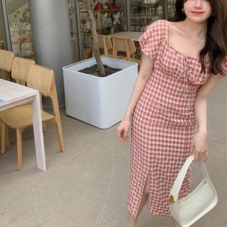 Puff-sleeve Check Slim-fit Midi Dress