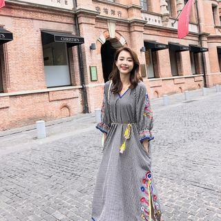 Gingham 3/4-sleeve Embroidered Midi Dress