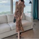 Puff-sleeve Leopard Print Midi Sheath Dress