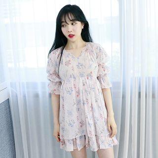 Petite Size - Tiered-sleeve Floral Chiffon Minidress
