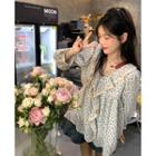 Long-sleeve V-neck Floral Panel Lace Top Blue Floral - One Size