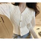 Puff-sleeve Panel V-neck Button-up Knit Top