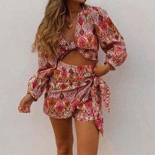 Print Cropped Blouse / Mini A-line Skort