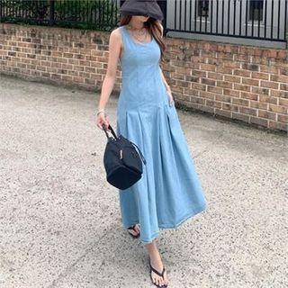 Dart-detail Flared Maxi Denim Pinafore Dress Light Blue - One Size