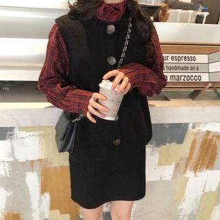 Plaid Shirt / Knit Vest / Knit Skirt / Set