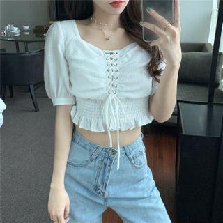 Plain Drawcord Puff-sleeve Top