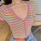 Color-block Striped Short-sleeve Slim-fit Knit Top As Figure - One Size