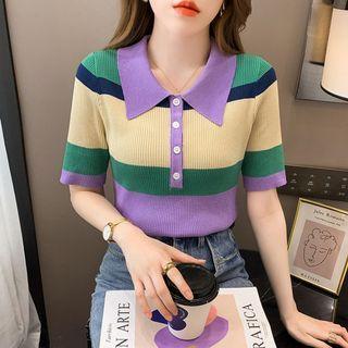 Elbow-sleeve Polo Neck Color Block Striped Knit Top