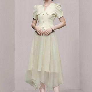 Set: Puff-sleeve Collared Blouse + Midi A-line Mesh Skirt