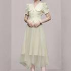 Set: Puff-sleeve Collared Blouse + Midi A-line Mesh Skirt