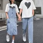 Elbow-sleeve Heart Print T-shirt / Washed Midi Denim Overall Dress / Straight Leg Jeans / Set