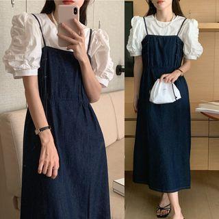 Spaghetti-strap Denim Midi A-line Dress / Short-sleeve Blouse