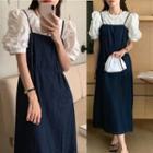 Spaghetti-strap Denim Midi A-line Dress / Short-sleeve Blouse