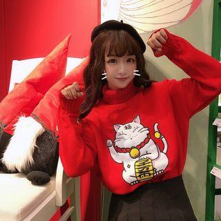 Cat Print Sweater / Pleated Mini A-line Skirt