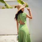 Floral Print Open-back Short-sleeve Maxi A-line Dress