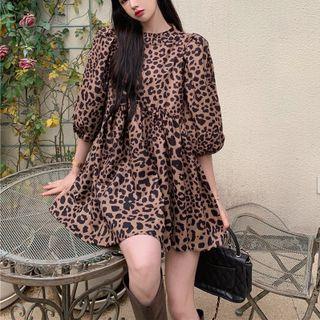 Ballon-sleeve Leopard Mini Dress Black & Brown - One Size