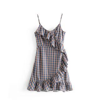 Ruffle Trim Plaid Spaghetti Strap Dress