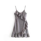 Ruffle Trim Plaid Spaghetti Strap Dress