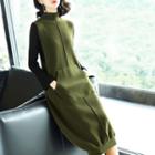 Set: Plain Long-sleeve Knit Top + Mock-neck Sleeveless Dress