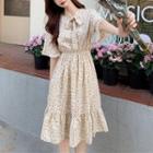 Short-sleeve Tie-neck Floral Print A-line Dress