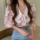 Puff-sleeve Floral Print Lace Blouse Red & White - One Size