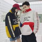 Couple Matching Lettering Color Block Half Zip Pullover