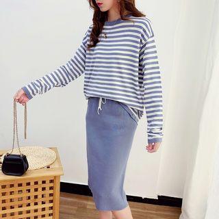 Set: Striped Knit Top + Knit Pencil Skirt