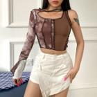 Long-sleeve One-shoulder Color Block Cutout Crop Top