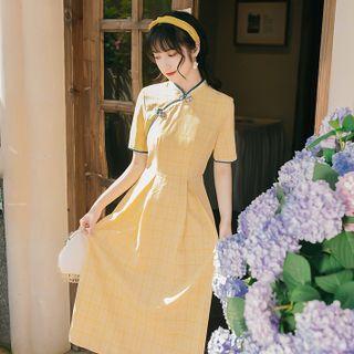 Short-sleeve Plaid Midi A-line Qipao Dress