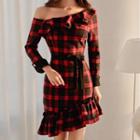 Off-shoulder Check Ruffled A-line Dress
