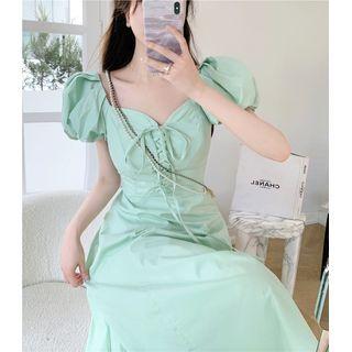 Puff-sleeve Lace-up Midi A-line Dress Green - One Size