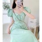 Puff-sleeve Lace-up Midi A-line Dress Green - One Size