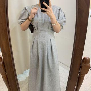 Plain Puff-sleeve Maxi A-line Dress