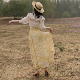 Set: Elbow-sleeve Blouse + Midi Pleated Skirt