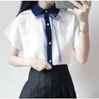 Bow Contrast-trim Short-sleeve Chiffon Top