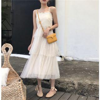 Spaghetti Strap Tiered Midi Dress As Shown In Figure - One Size