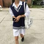 V-neck Contrast-trim Knit Vest Navy Blue - One Size