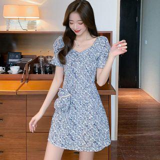Puff-sleeve Open-back Lace-up Floral Dress