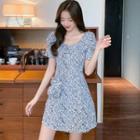 Puff-sleeve Open-back Lace-up Floral Dress