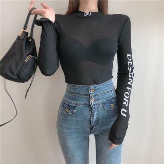 Lettering Long-sleeve Slim-fit Top