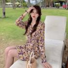 Long-sleeve Floral Print Mini Sheath Dress Dress - Yellow & Purple & Coffee & White - One Size